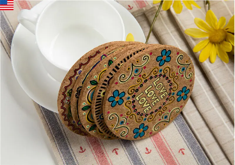4x Bohemia Style Cork Wood Drink Coasters Tea Coffee Cup Mat Table ...