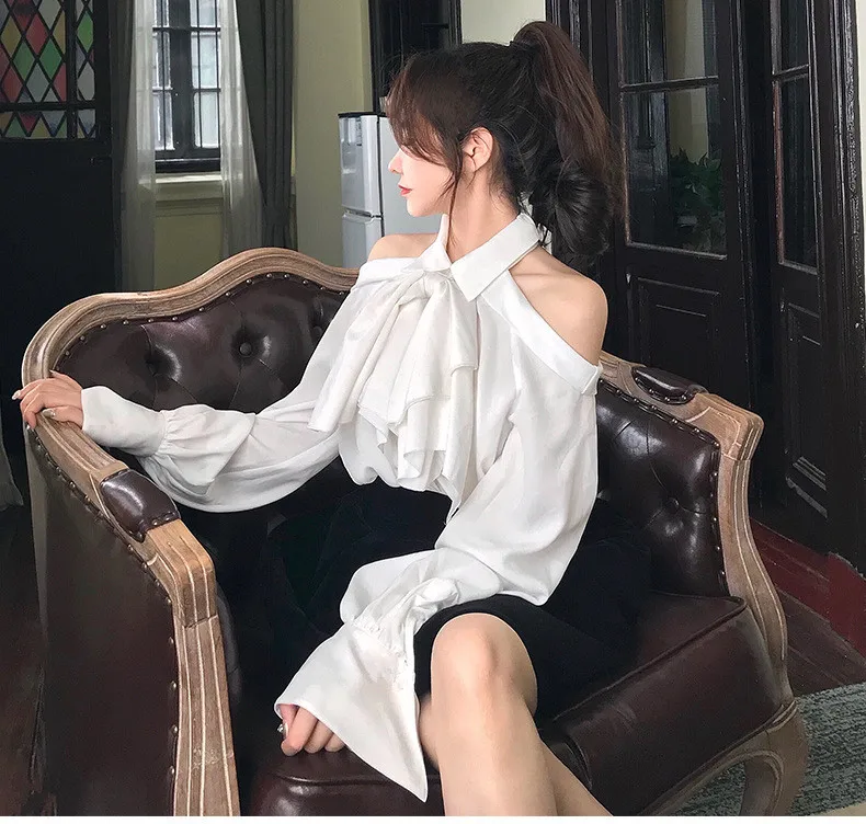 WHITNEY WANG, блузки, сексуальные, с открытыми плечами, с бантом, на бретельках, женские блузки,, Весенняя рубашка, топы, женская блуза