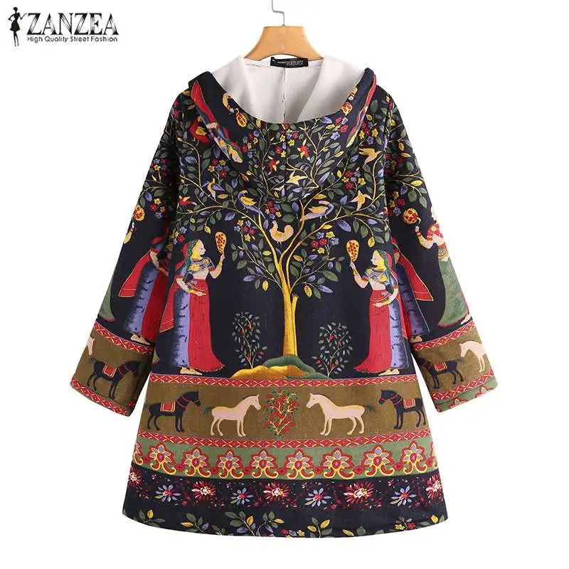 Зимнее женское пальто с капюшоном ZANZEA, открытая передняя теплая верхняя одежда, куртки с цветочным принтом, Осенние рождественские кардиганы с длинным рукавом, пальто размера плюс