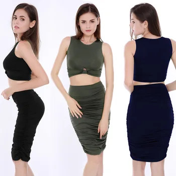 

Summer Two Piece Set Skirt and Vest Sweat Suits Women O-neck Sleeveless Tops Knee Length Skirts for Women