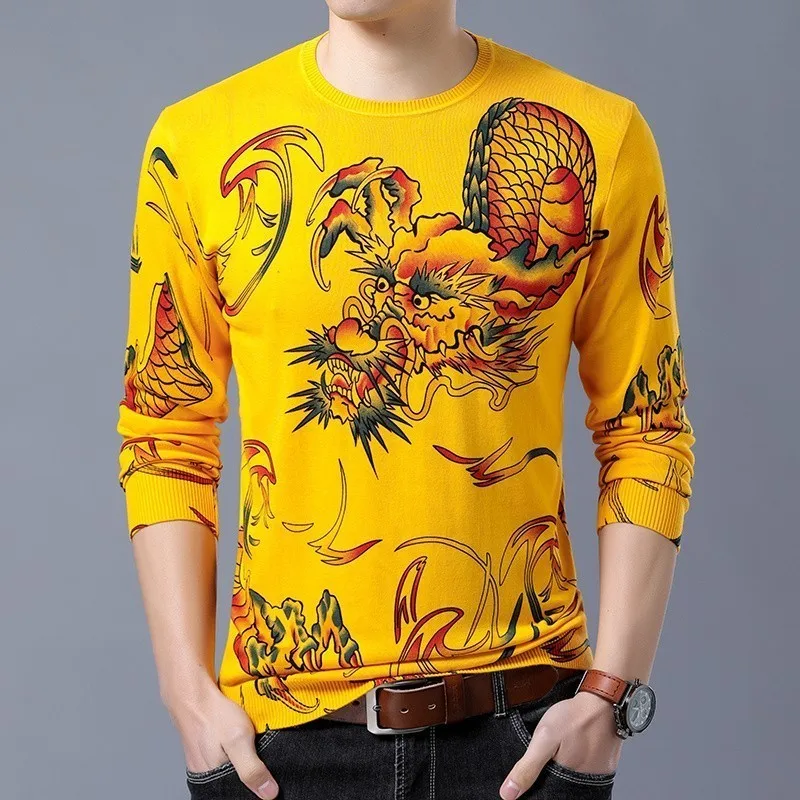 Принт дракона Trui Erkek Kazak Wit Geel Zwart Trui Mannen Mode Trui Slanke Fit Pull Homme Chompas Hombre Kleding