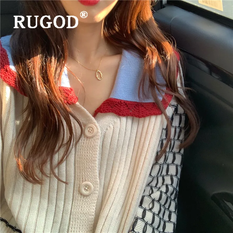RUGOD new winter sweater cardigans for women turn down collar hollow out patchwork long sleeve knitted coat fashion femme