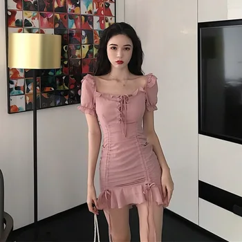 

Dresses Summer 2019 New Corded Short Sleeve Chiffon Short With Slim Waist And Lotus Leaf Edge