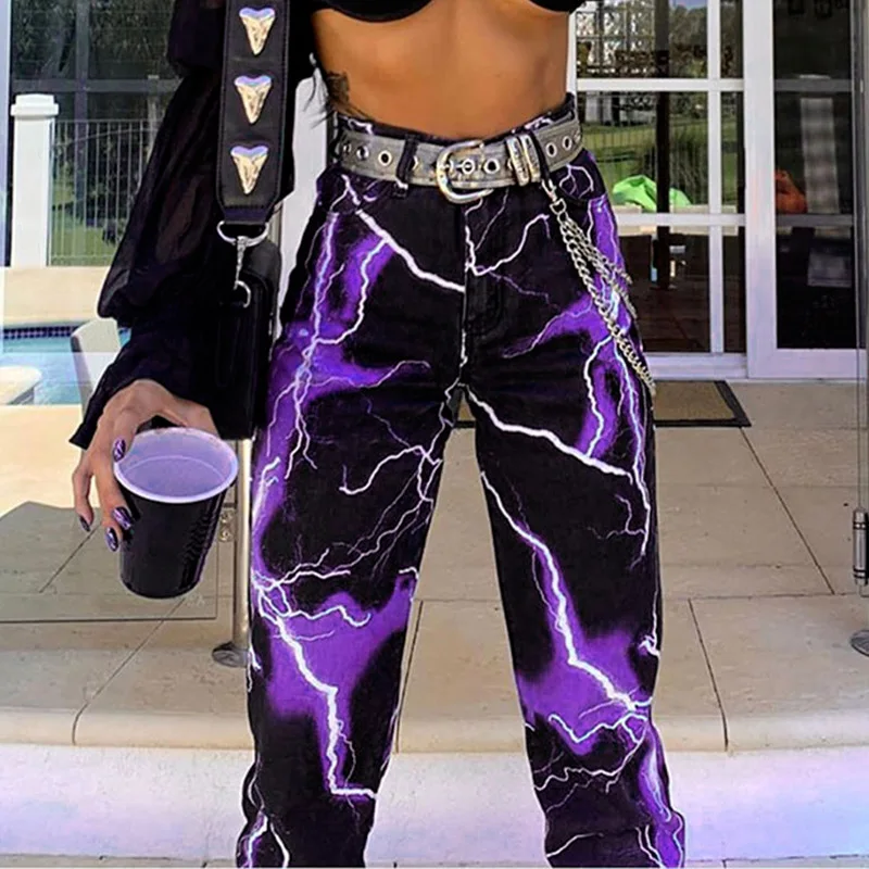 Брюки женские прямые с принтом молний высокой талией тонкие широкие | Женская