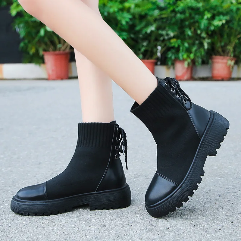 

Autumn And Winter Chunky-Heel Yarn PU Tie-Back Short Boots Children Waterproof Platform Retro Martin Boots Semi-high Heeled Onli
