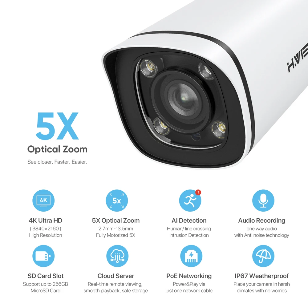 H.View 4K 8MP Poe Ip Camera H.265  5X Optical ZOOM Bullet Outdoor Waterproof CCTV Security Surveillance Camera For Poe Nvr Onvif
