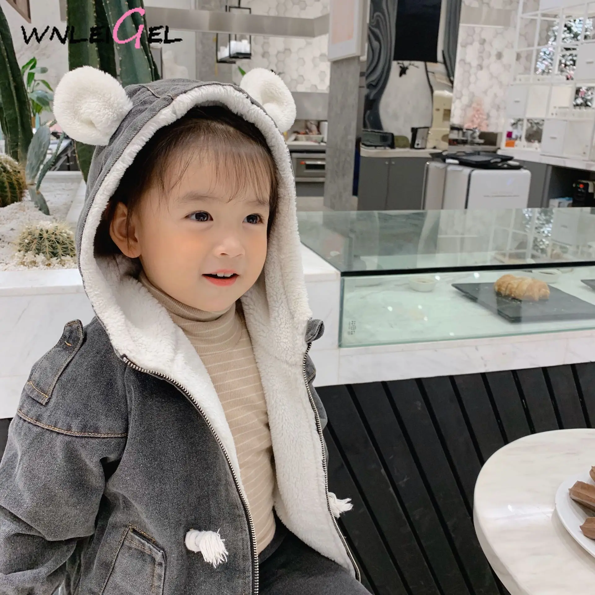 WLG girls winter coats kids cartoon style denim black velvet thick outerweawr baby girl warm casuasl all match clothes 2-6 years