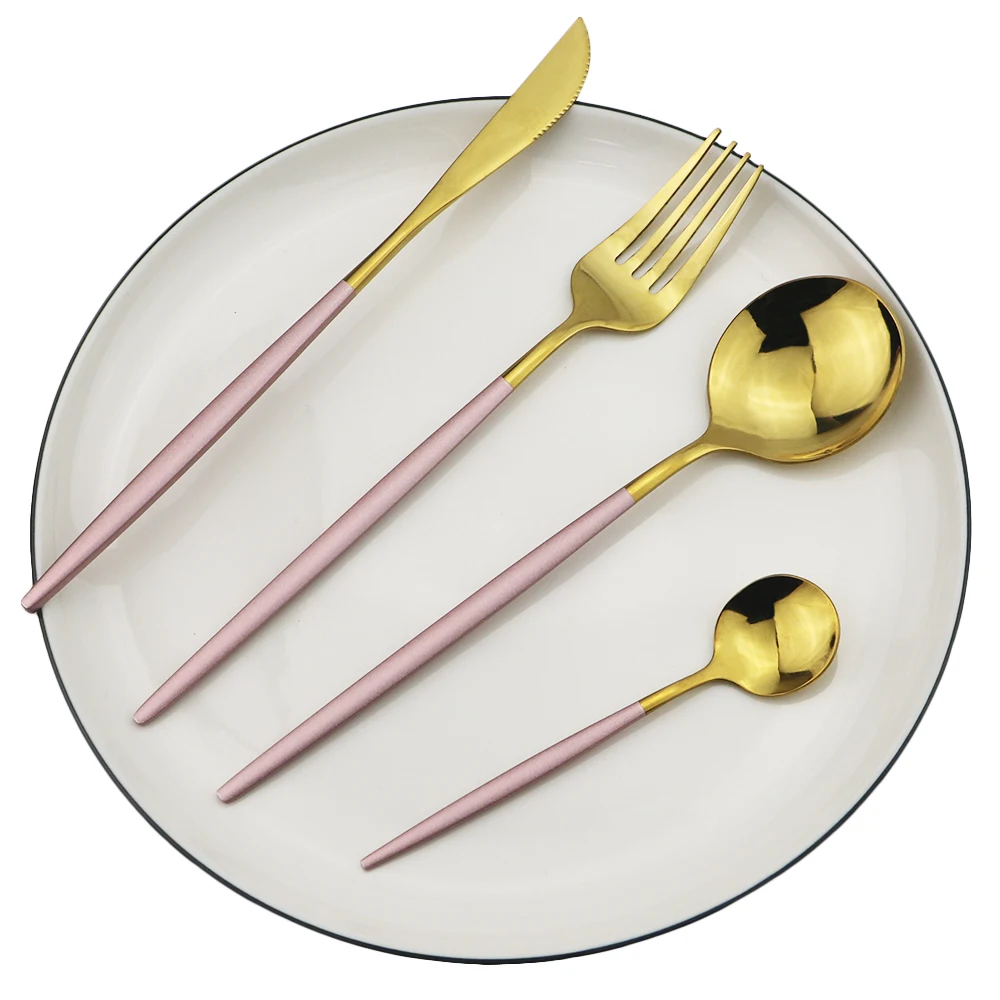 4Pcs Pink Gold Серебряные столовые приборы набор 18/10 из нержавеющей стали набор столовых приборов нож Десертная Вилка чайная обеденная ложка набор кухонной посуды набор серебряных изделий - Цвет: 4Pcs Pink Gold