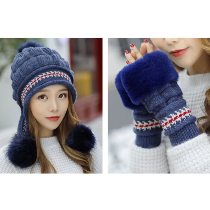 Модная женская вязаная шапка, набор перчаток, Рождественский Теплый головной убор, полный набор перчаток для зимы HSJ88