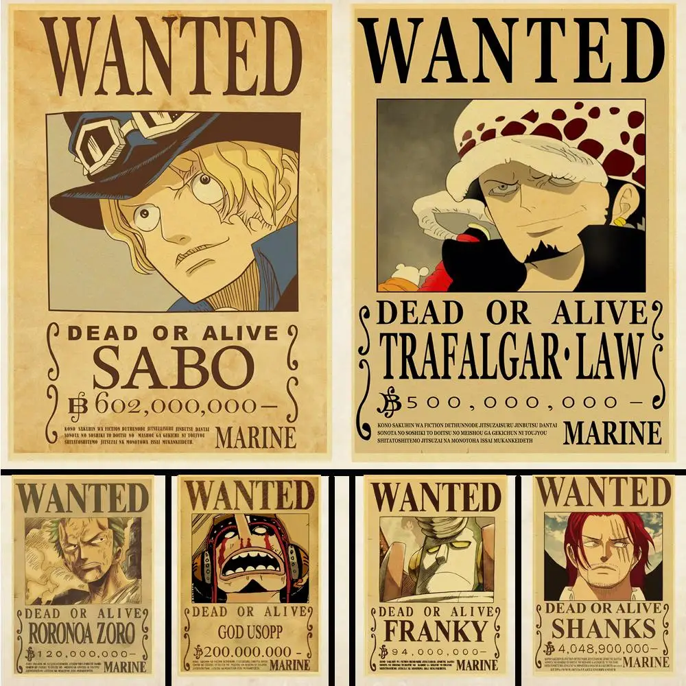 Anime One Piece Wanted Poster Retro Kraft Paper Poster Bar Cafe Bedroom Living Room Decoration Painting Wall Sticker