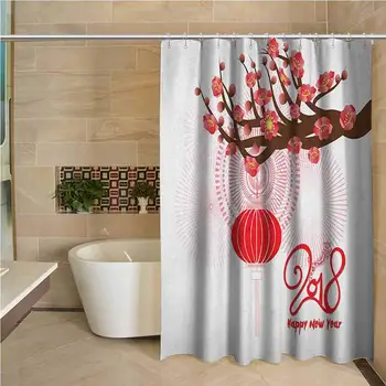 

Chinese New Year Odorless Waterproof Shower Curtain Blossoming Cherry Branch and Lantern with Happy Wish Large Home