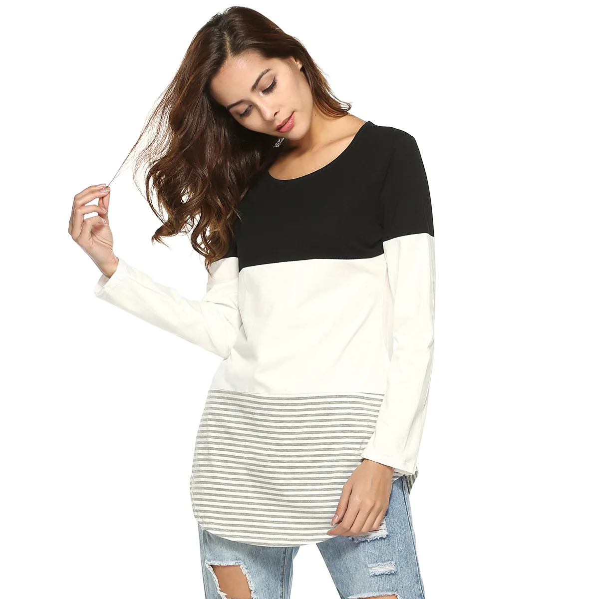 Autumn Women's Shirt Casual Striped Patchwork Long Sleeve O Neck T-shirt Women Plus Size Clothing