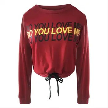 

Women Sweatshirts Short Tops Red Do You Love Me Letter Print Drawstring Long Sleeve O-Neck Casual Pullover Sweatshirt Tops