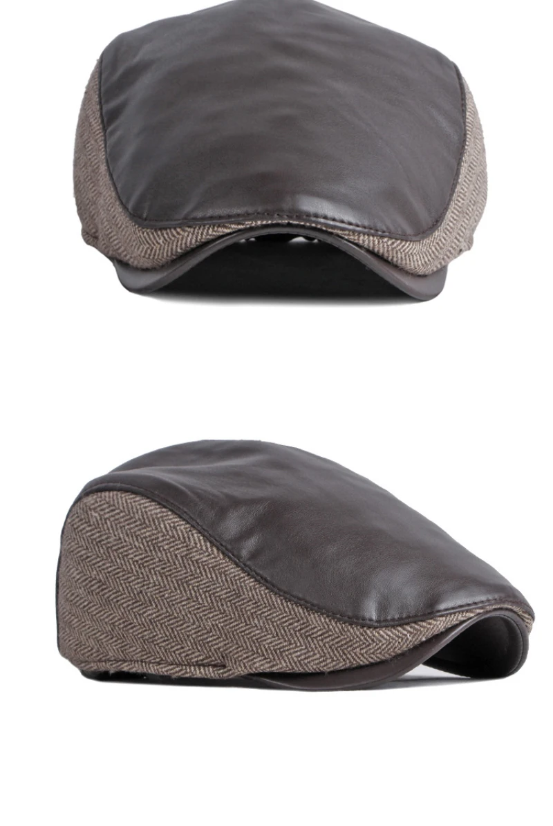 HT3745 Berets Männer Neue Winter Hut Leder Flache Kappe Männlich Plus Größe Baskenmütze Hut Vintage Baskenmütze Kappe Papa Hüte mit Ohrenklappen – Detail 5