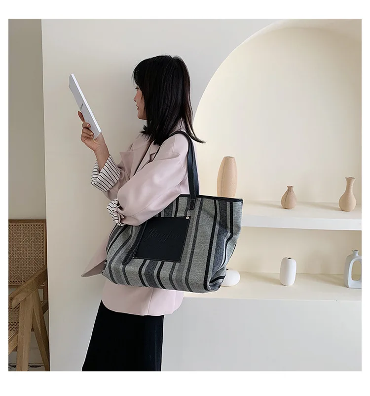 Black White Blue Stripe Handbag 2019 Extra Large Canvas Tote Bags for Women Canvas Bucket Shopper Shoulder Bag Ladies Office Bag (18)