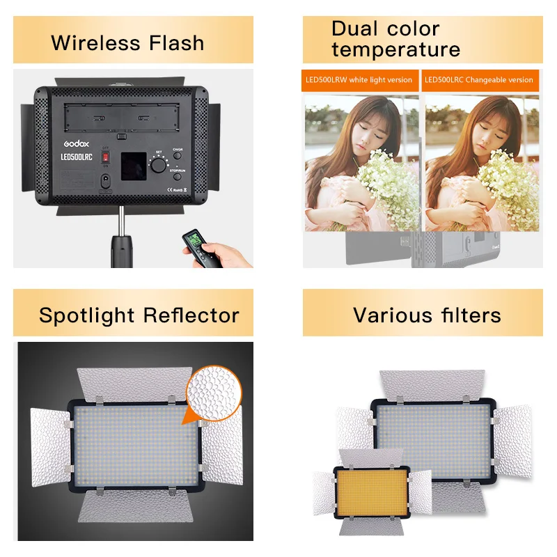 US $325.89 Godox 2X LED500LRC 5600K Studio Video Light W ReflectorsRemote Controller200cm Screw Light Stand For Photography