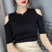 Balck Sexy Off Shoulder O Neck Knitted Sweater Women Solid Pullover Knit Elasticity Slim Sweaters Laides Clothes 2021 Spring