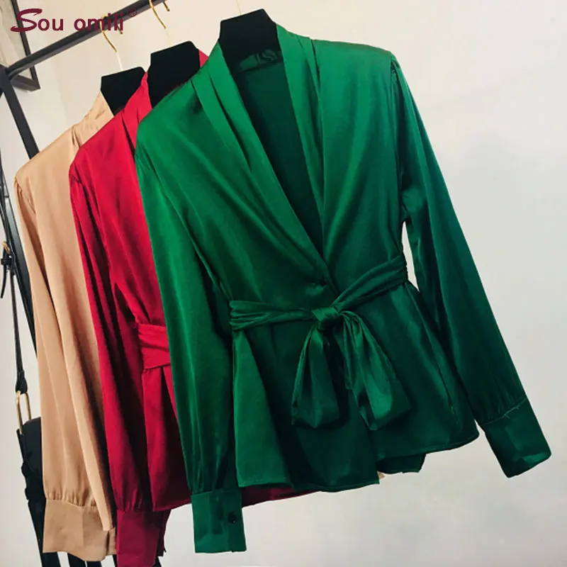 

Elegant Belted T-shirt V Neck Fitted Long Sleeve Green Shirt Tie Waist Top Bow Asymmetric Chemise Shirt dracarys Shirt