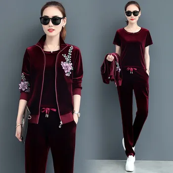 

2020 autumn new women's suit Korean style slim gold velvet printed long-sleeved trousers casual sports three-piece jacket M-3XL