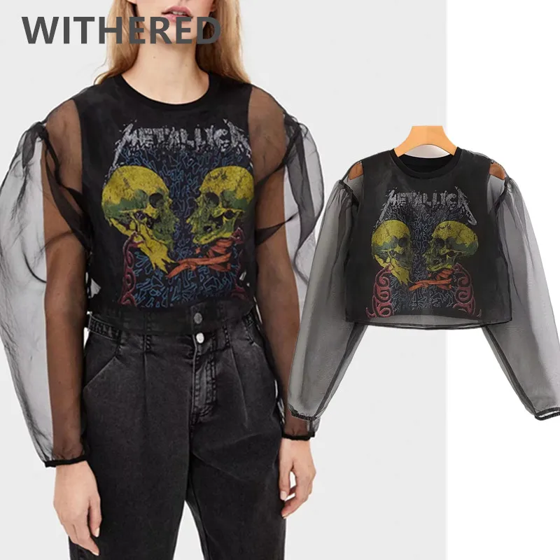 

Withered spring t shirt women england high street vintage rock Skull print gauze harajuku tshirt camisetas verano mujer 2020 top