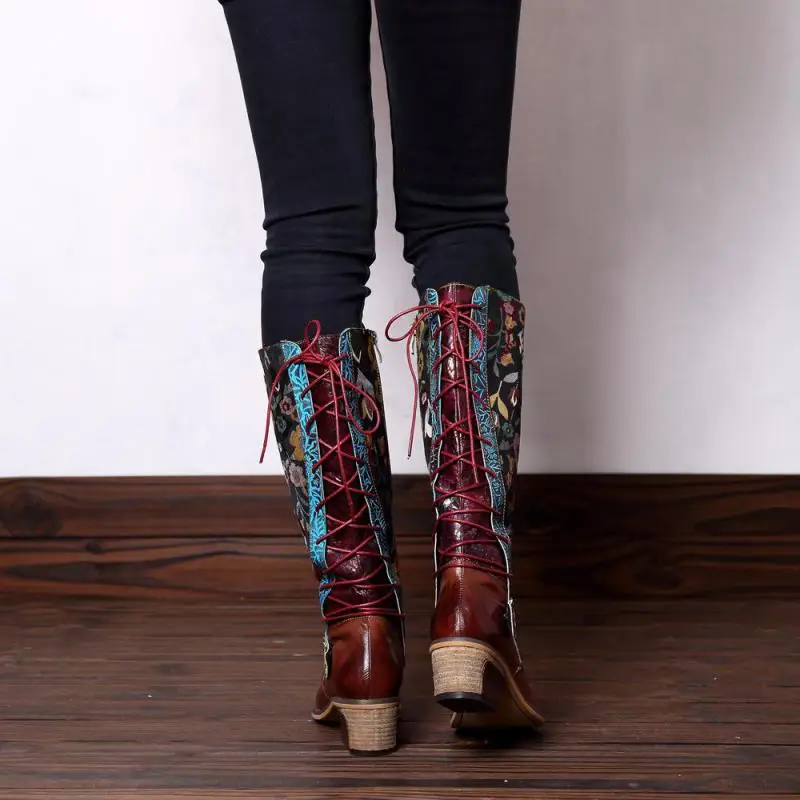 Johnature Genuine Leather Women Shoes Platform Boots Hand-painted Zip Round Toe New Winter Square Heel Sewing Ladies Boots