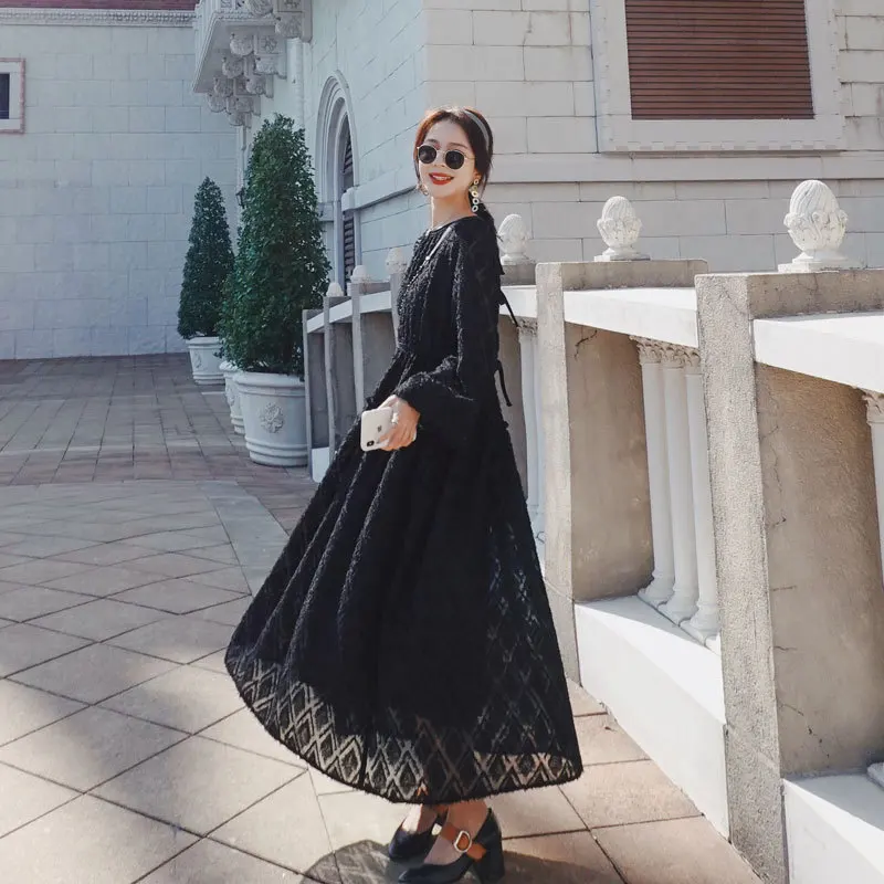 

2020 Spring New Style Hollow Lace Long Dress Women Loose High Waist Was Thin Dress with Black Dress Women