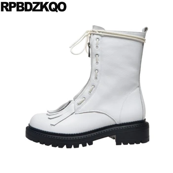 

fringe 2019 chunky round toe white faux fur luxury shoes ankle autumn brand women winter boots genuine leather lace up black