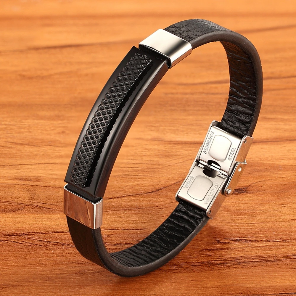 High Quality Rectangular Stainless Steel Multi-color Accessories Combination Men’s Leather Bracelet For Handsome Boys Present