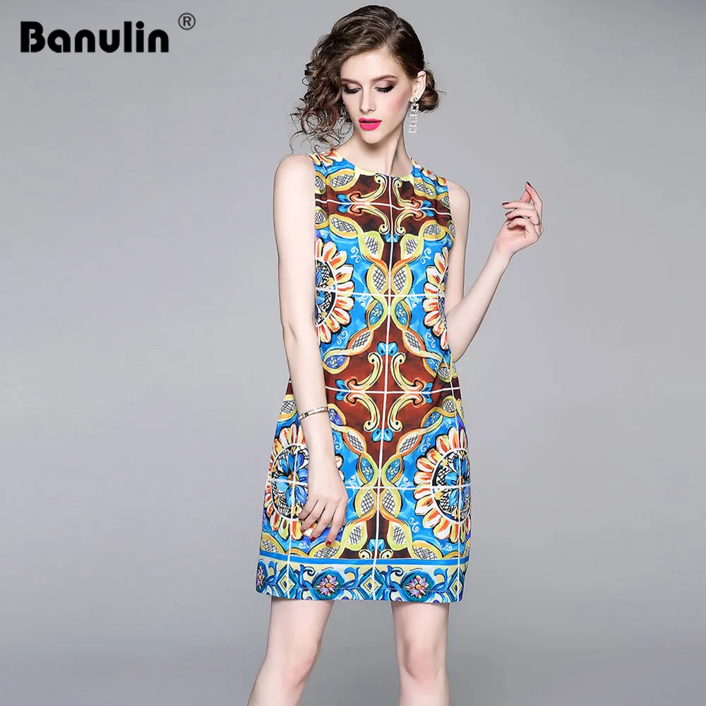 

Banulin 2109 Fashion Runway Summer Tank Vest Dress Women's Sleeveless O-Neck Retro Vintage Print Party Mini Short Dresses
