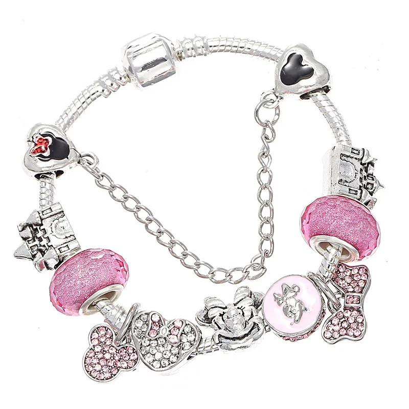 Boosbiy Dropshipping Cute Mickey Minnie Charm Bracelet For Women Kids With Silver Snake Chain Brand Bracelet Christmas Jewelry - Окраска металла: 23