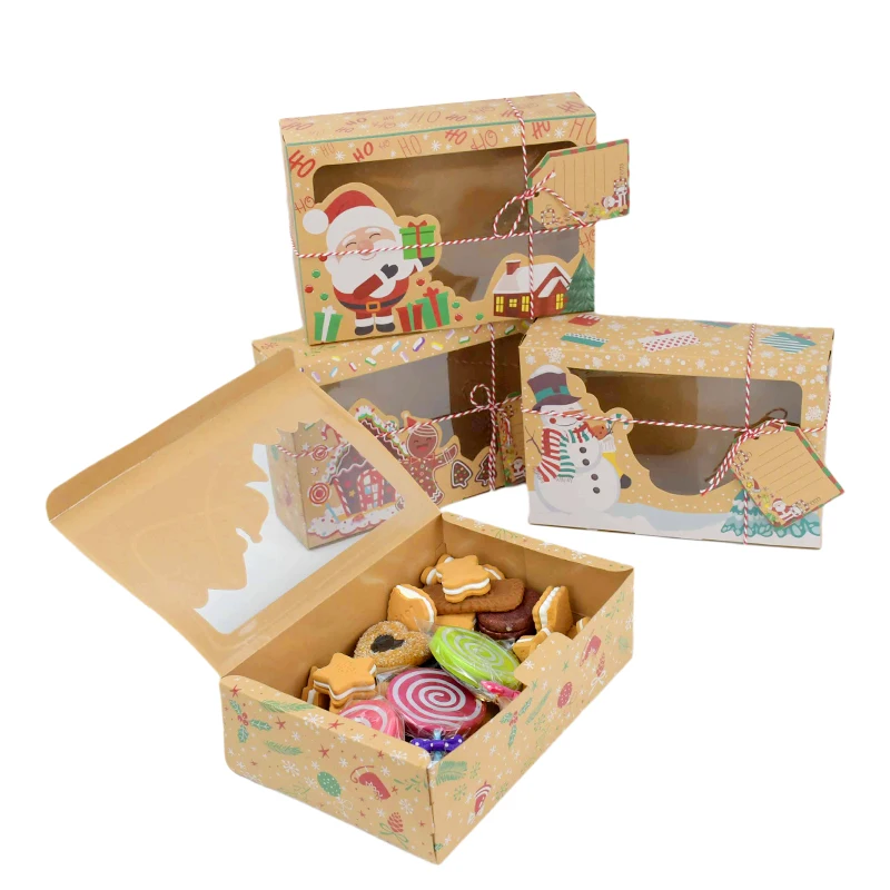 

3pcs/Pack Kraft Paper Christmas Cookie Boxes with Rope and Tag Christmas New Year Favors Boxes for Candy Cookies Biscuit Treats