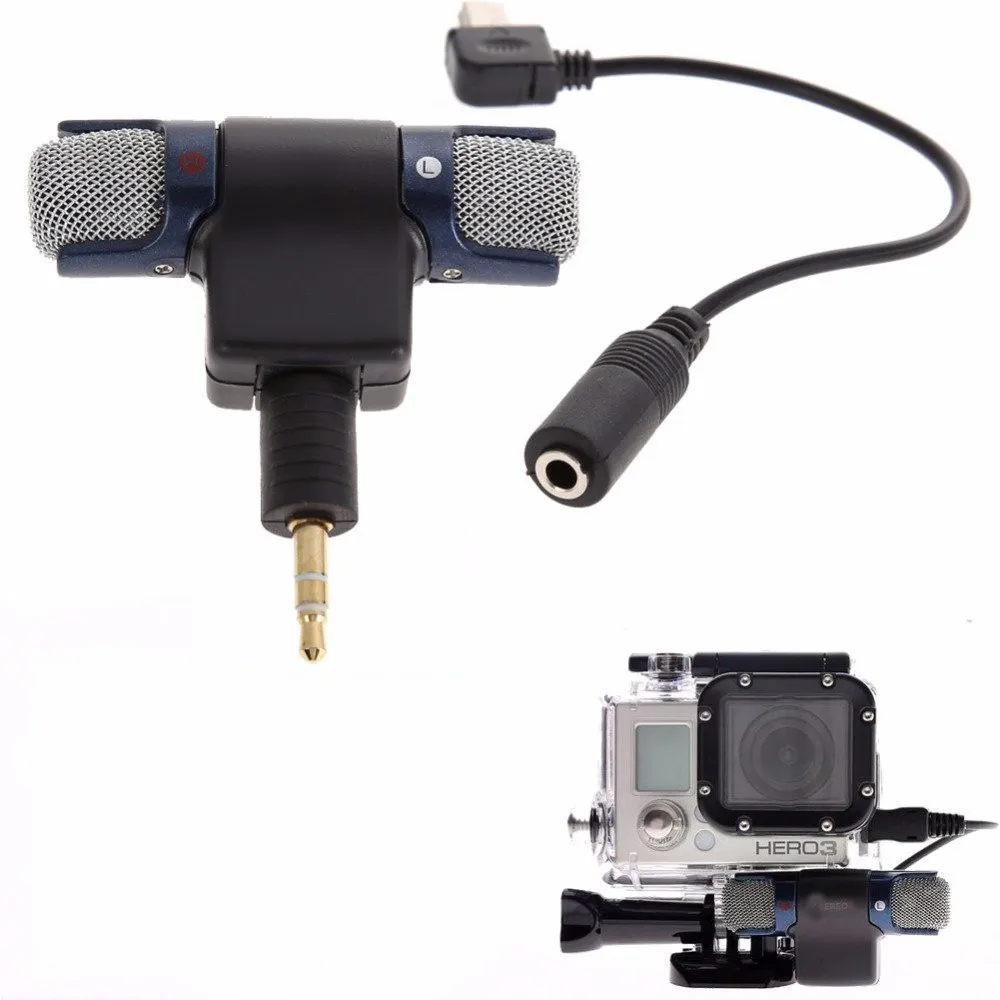 Mini Stereo Microphone + USB To 3.5mm Mic Adapter Cable for GoPro Hero ...