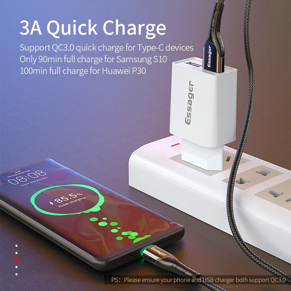 Essager usb type C кабель для samsung S10 S9 Xiaomi Mi 3A Быстрая зарядка USB-C type-c 3 м провод шнур USBC зарядное устройство кабель для мобильного телефона