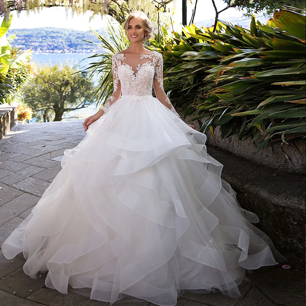 Великолепное бальное платье свадебное платье Vestido De Noiva Princesa с длинным рукавом сексуальное с открытой спиной с аппликацией из бисера белые платья