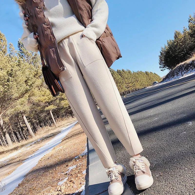 

Fashion 2020 Winter High Waist Women's Harem Pants Woolen Women Plus Size Casual Solid Warm Female Long Women Trousers 1787 50