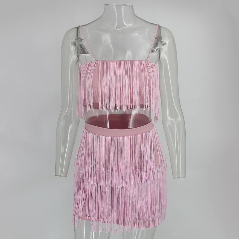 Joyfunear, новинка, сексуальное женское платье на тонких бретелях с кисточками, Осень-зима, два предмета, облегающее, вечерние, рождественское платье,, платья, Vestido - Цвет: Pink