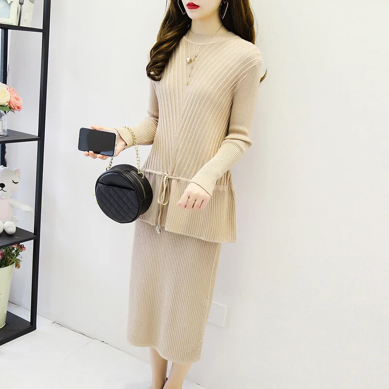 

Fashion Simple Knitted Skirt Set Two-Piece Women's Mid-length Large Size 2019 Autumn New Style Slimming Slim Fit
