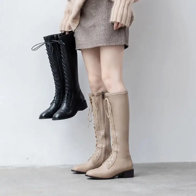 

2019 square head stitching single-heeled heel edgy boots high boots women's mid-boot head head leather 4cm winter boots women