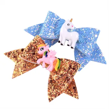 

free shipping 8pcs 3.7'' Cute Cartoon glitter unicorn hair clips Bow Knot Unicorn Kids Princess Hair Accessories Glitter Hair