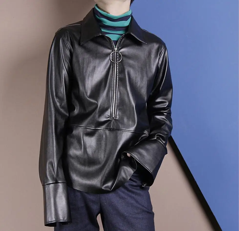 S-6XL! 2019 оригинальная металлическая молния, украшение, длинный рукав, лацканы, искусственная кожа, рубашка осень-зима, мужская одежда