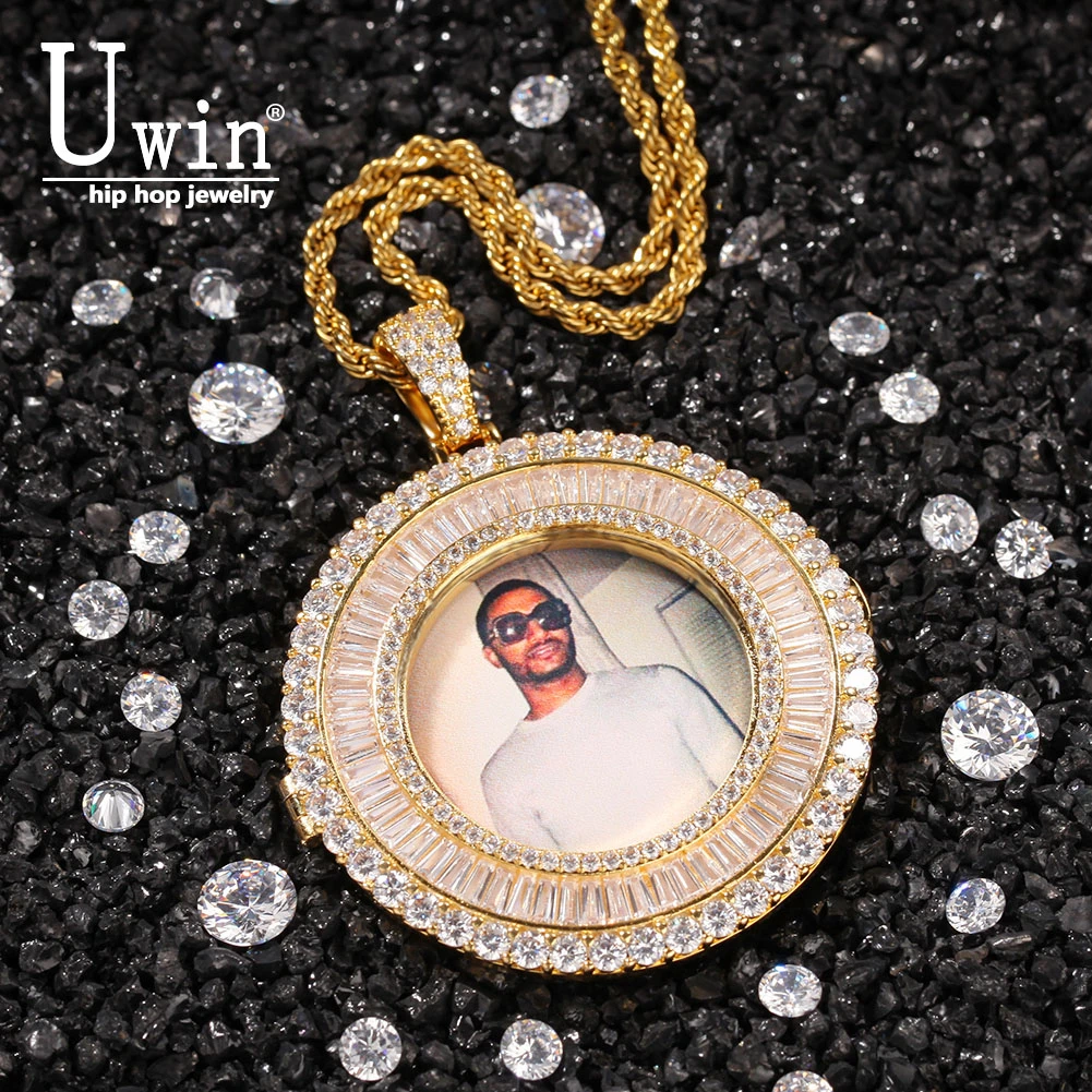 

Uwin Bagnette Custom Photo Necklace Charm HipHop Bling Iced Out AAA Cubic Zircon HiphopJewelry For Gift Tennis Chain
