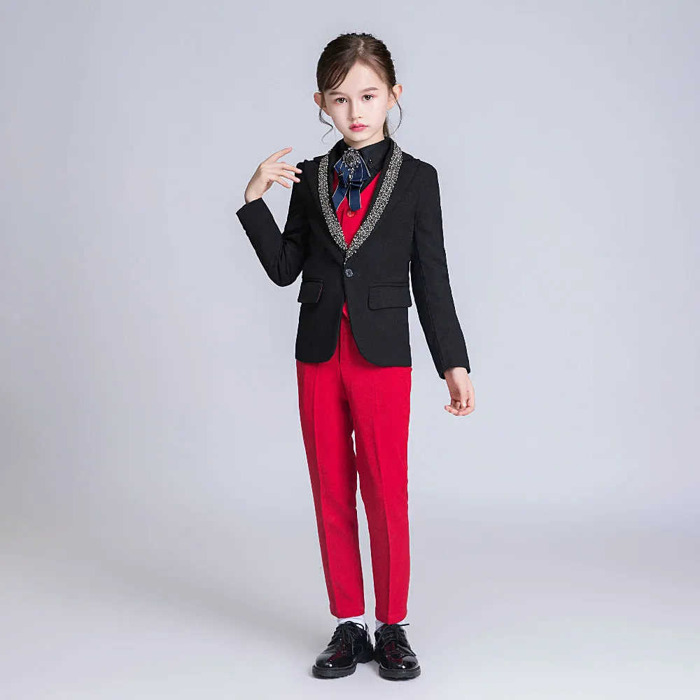 YuanLu/Коллекция года, Детский костюм, блейзер для девушек, куртка для свадебной вечеринки, Рождественский облегающий костюм для фортепиано, детская одежда красного и черного цвета