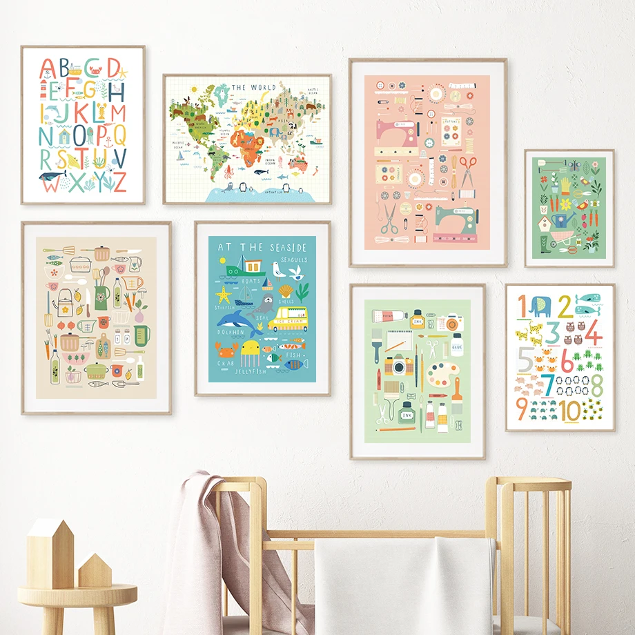 Number Animal Map Bird Scissors Camera Palette Wall Art Canvas Painting Nordic Posters And Prints Wall Pictures kids Room Decor