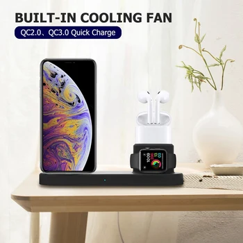 

4 In1 10W Qi Wireless Charger Dock Station Fast Charging for iPhone XR XS Max 8 for Apple Watch 2 3 4 USB Output for iPad