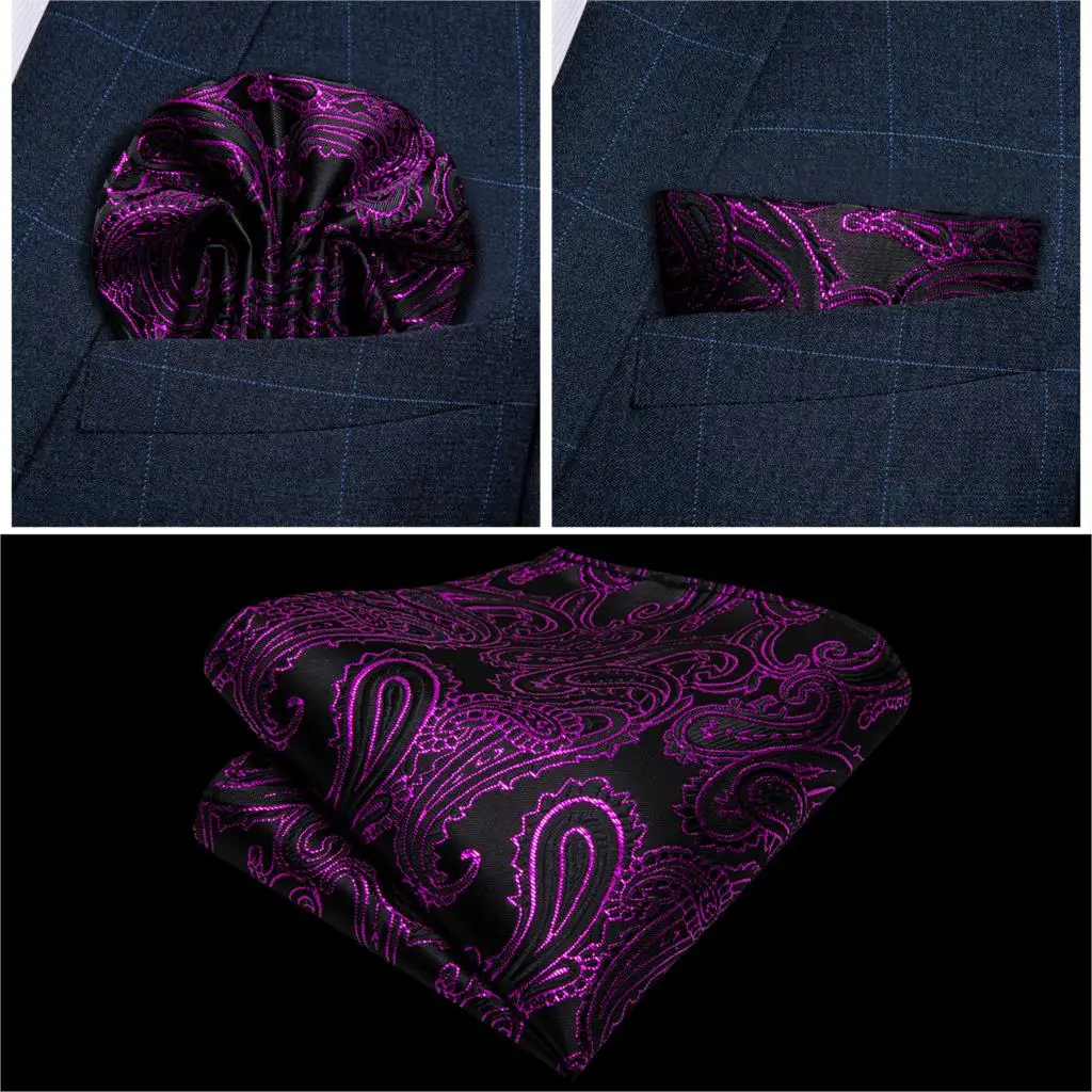 Men's Purple Black Paisley Silk Wedding Waistcoat Vest For Men Bowtie Hanky Cufflinks Cravat Set for Suit Tuxedo DiBanGu MJ-121
