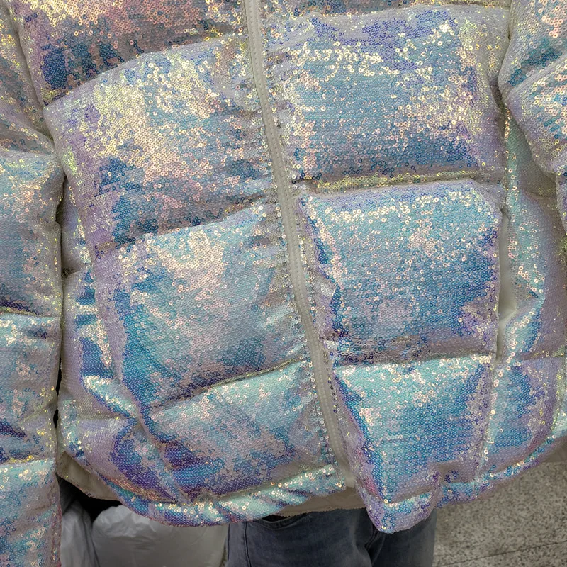 Хлопковая куртка с капюшоном, Женская длинная парка, зимнее пальто, новинка, корейское плотное теплое пальто с блестками