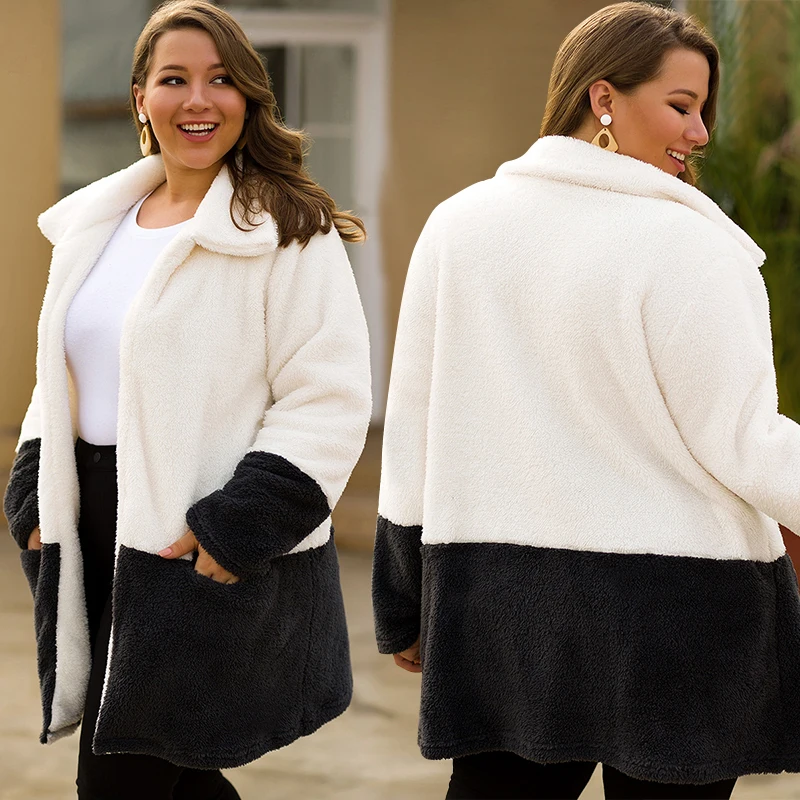 Plus Size Women Faux Fur Overcoat 3xl 4xl Winter Warm Thicken Long Coat Women Black White Patchwork Outwear Long Fleece Jacket