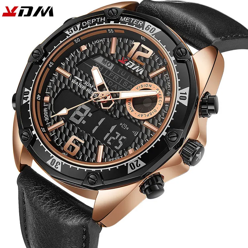 

KDM Men Leather Band Sports Casual Wristwatches Dual Display Quartz And Digital Alloy Case Business Watch Relogio Masculino