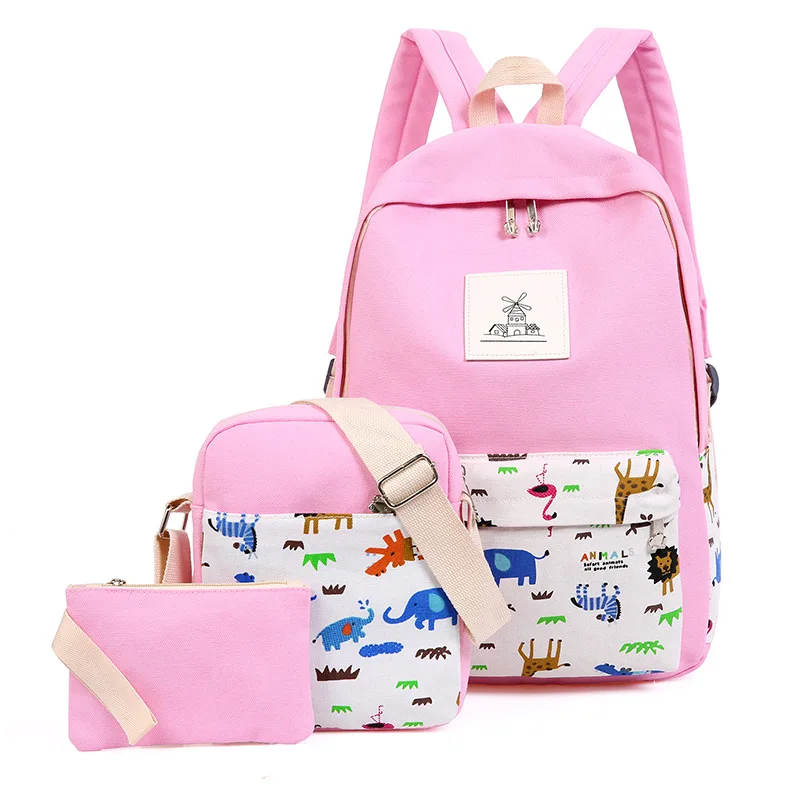 

Young STUDENT'S Cartoon Raw Animal Paradise School Bag Three-piece Set a Pieces of Hair Middle School Students Canvas Cartoon Ba