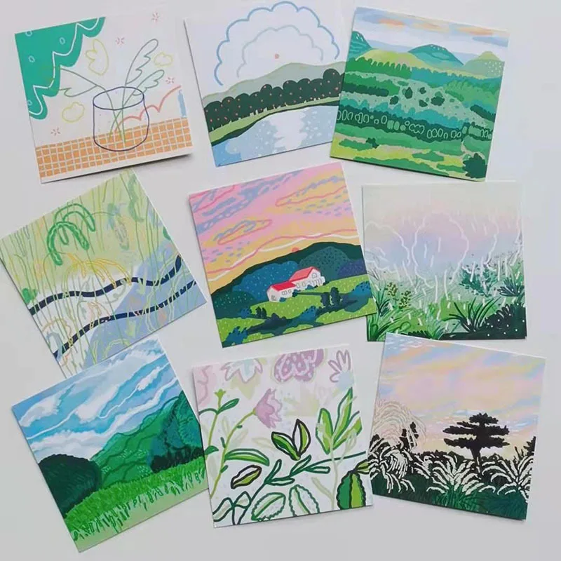 Ins Green Plant Landscape Postcard Hand Painted Illustration Square Decorative Card 9 Sheets Diy Wall Sticker Photographic Props korean ins picnics bear cute postcard 9 sheets double sided kawaii decorative card diy room wall sticker cartoon greeting card